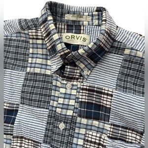 Orvis Men’s Patch‎ Work Short Sleeve Button Down Shirt Size Large Multicolored